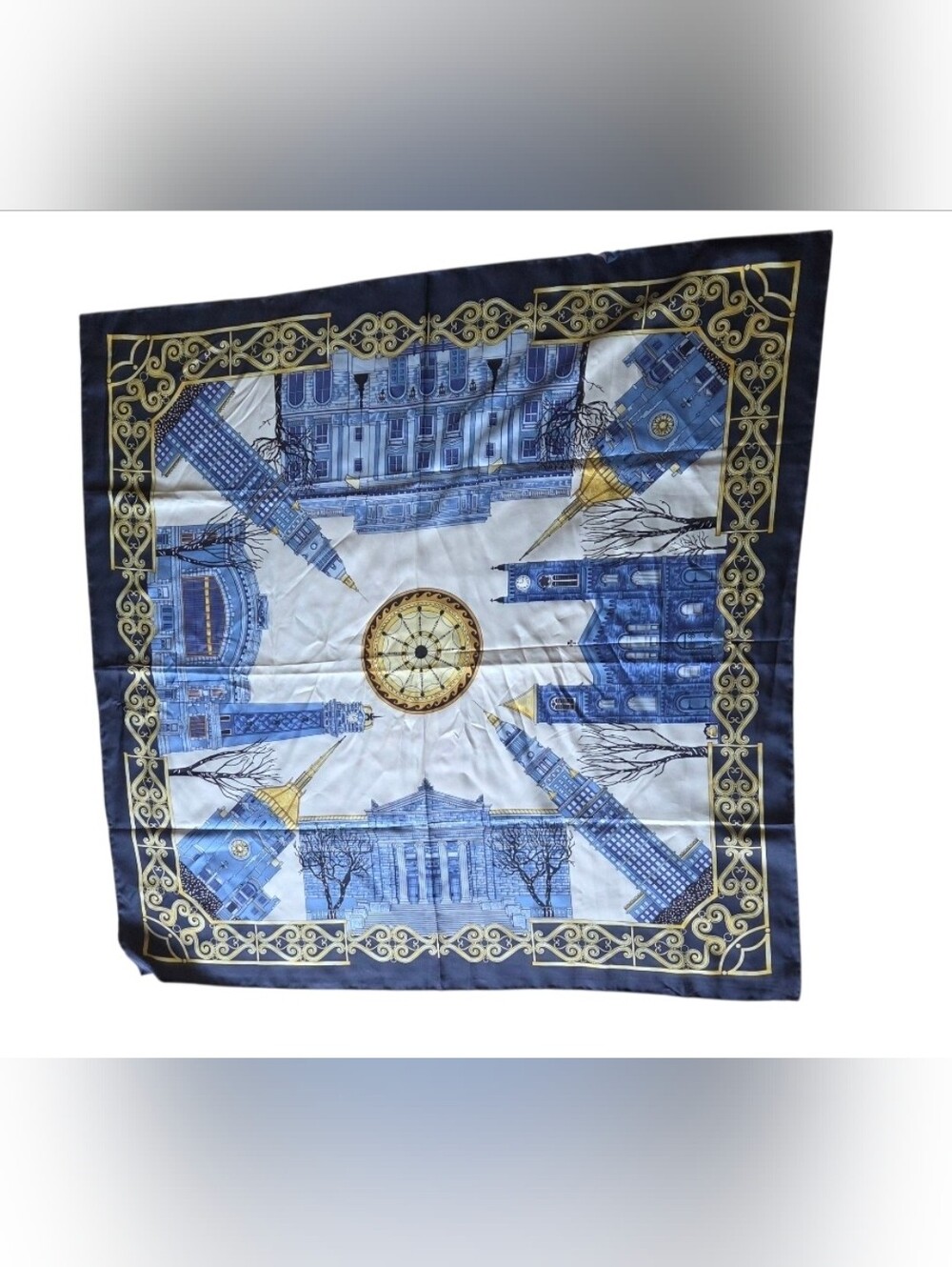 Cecy Jones J & J Designs Hand Rolled Square Silk Scarf Architecture Cityscape